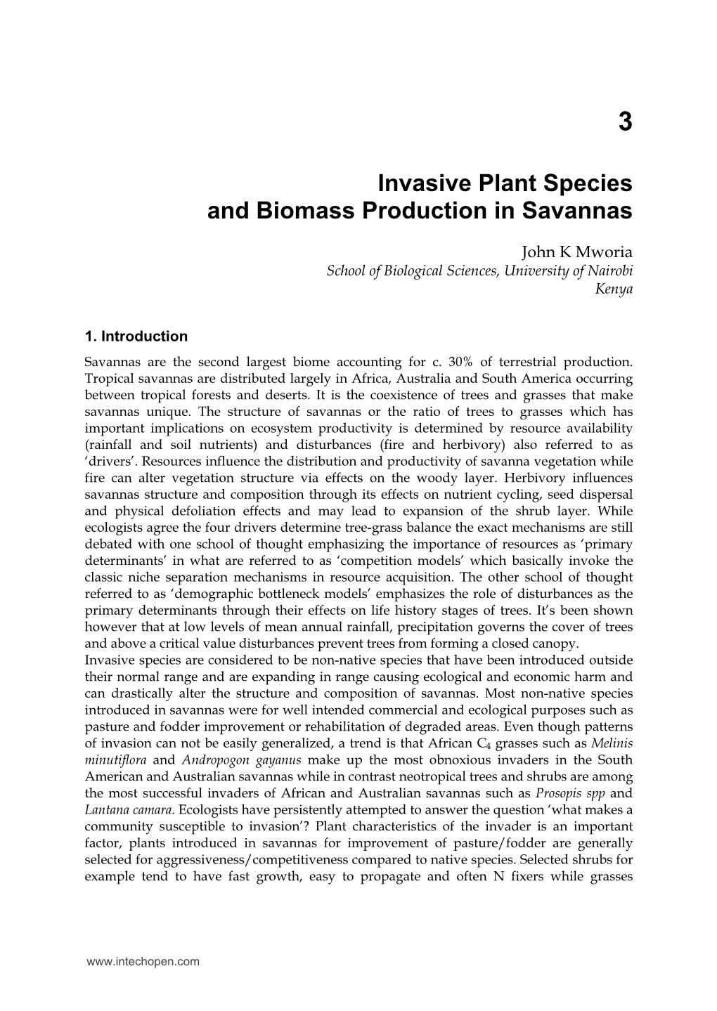 Invasive Plant Species and Biomass Production in Savannas