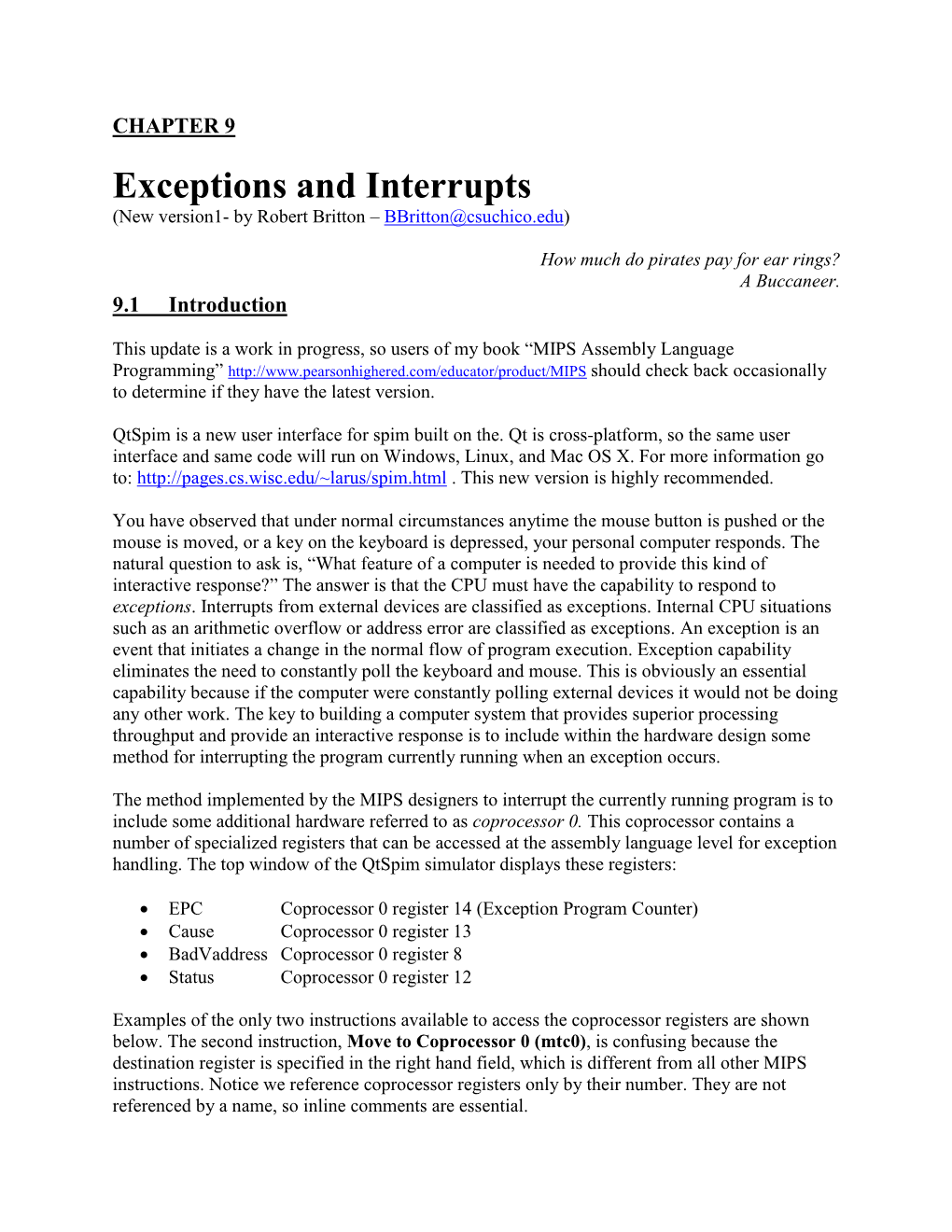 Exceptions and Interrupts (New Version1- by Robert Britton – Bbritton@Csuchico.Edu)