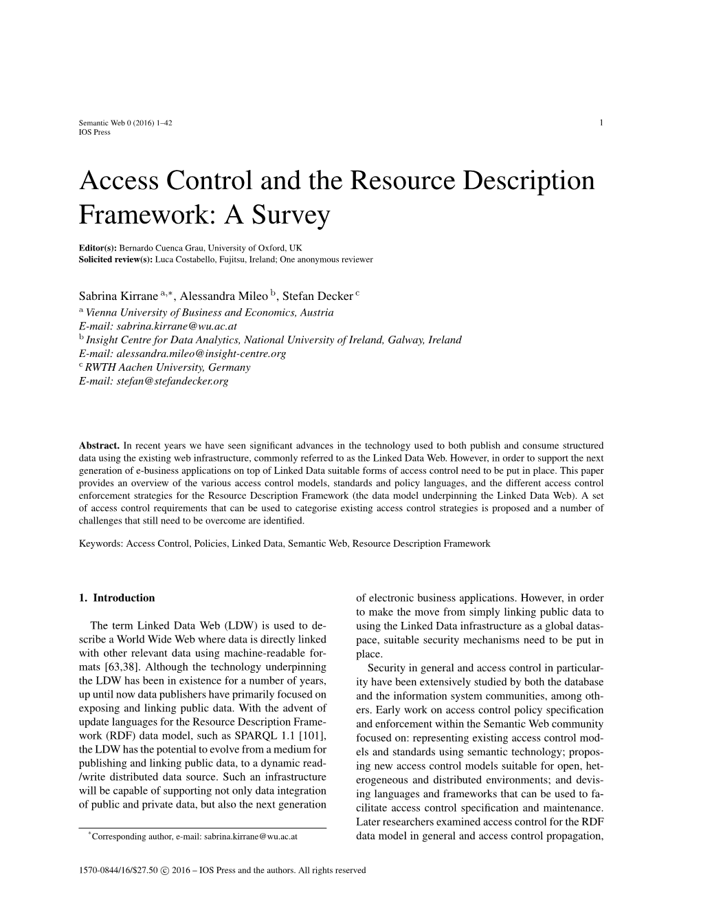 Access Control and the Resource Description Framework: a Survey