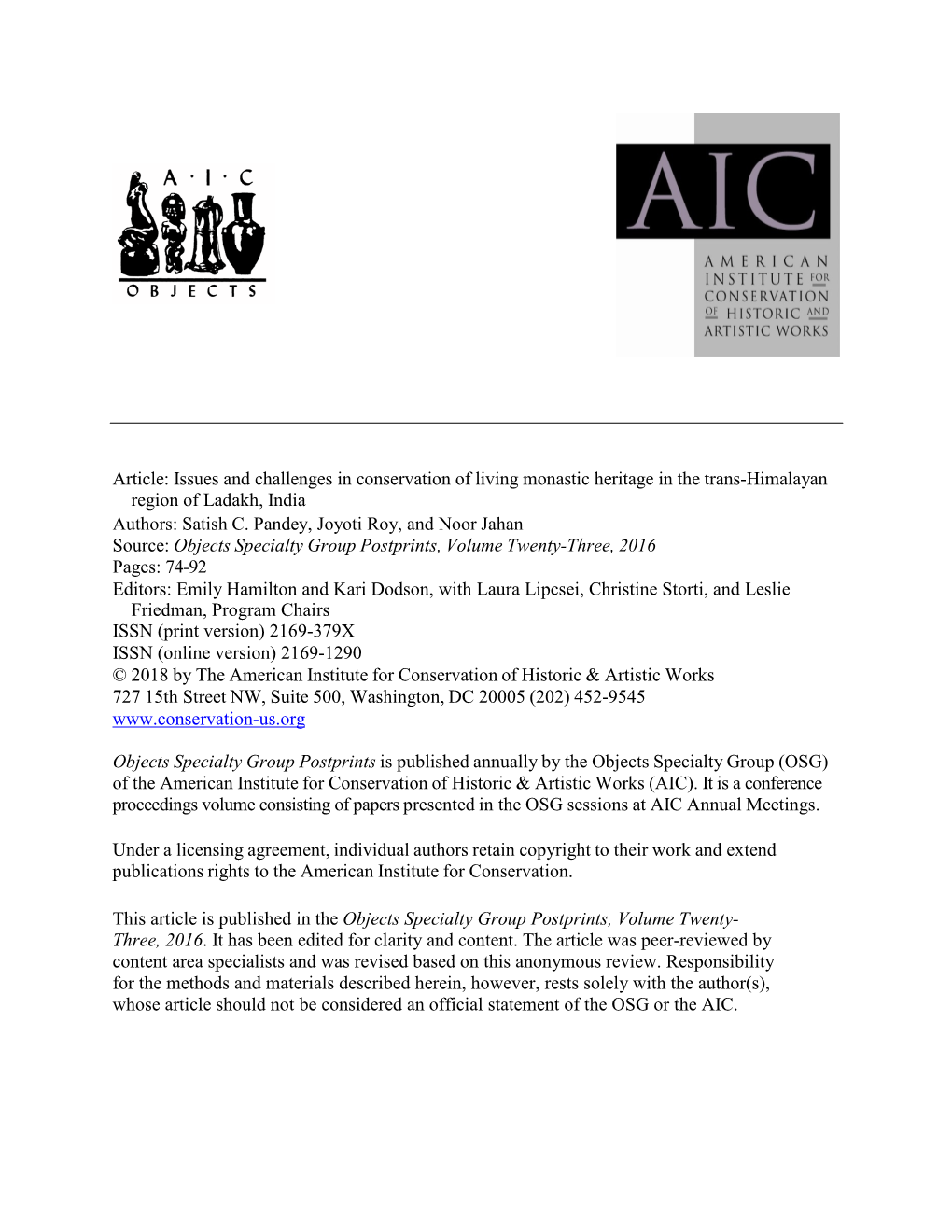 Issues and Challenges in Conservation of Living Monastic Heritage in the Trans-Himalayan Region of Ladakh, India Authors: Satish C