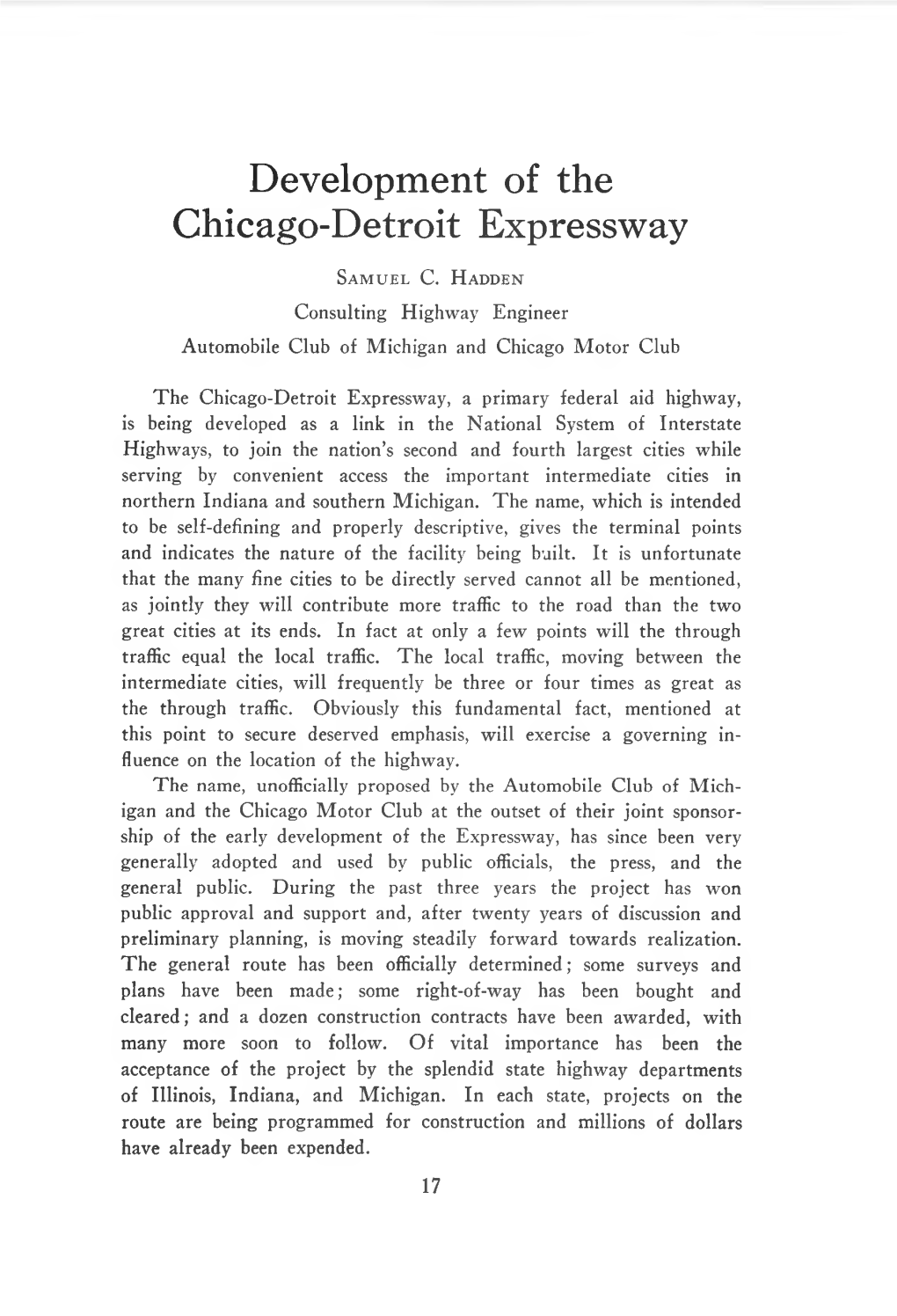 Development of the Chicago-Detroit Expressway