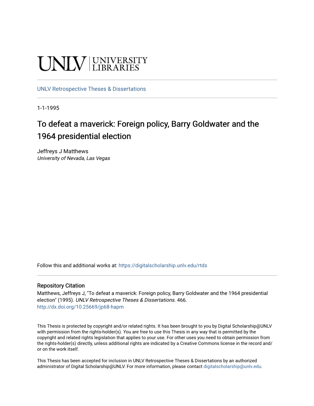 Foreign Policy, Barry Goldwater and the 1964 Presidential Election