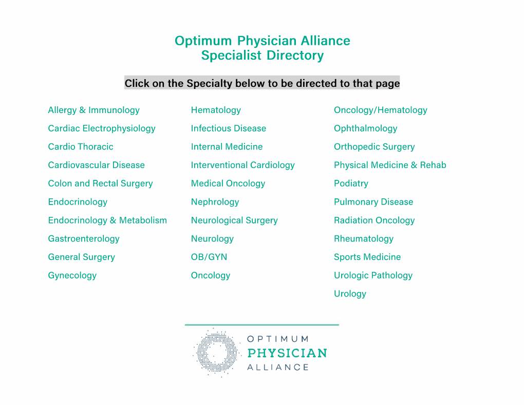 Optimum Physician Alliance Specialist Directory