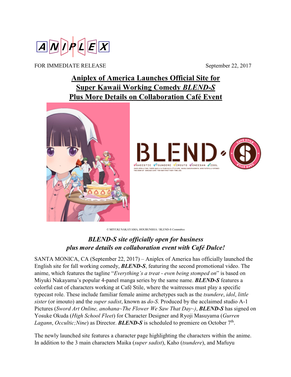 Aniplex of America Launches Official Site for Super Kawaii Working Comedy BLEND-S Plus More Details on Collaboration Café Event