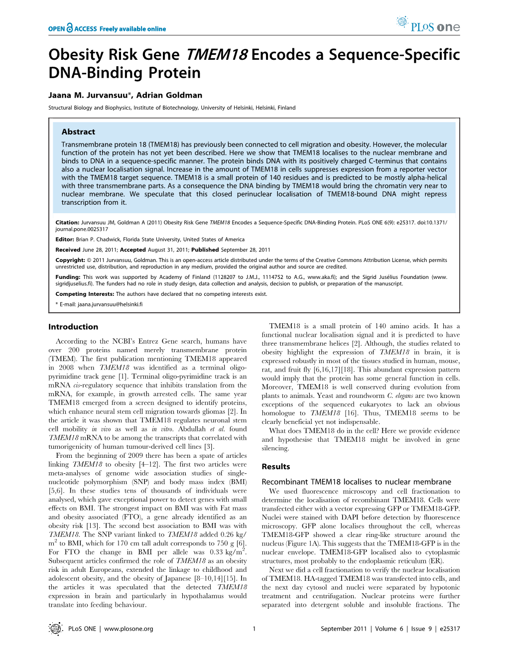 Obesity Risk Gene TMEM18 Encodes a Sequence-Specific DNA-Binding Protein