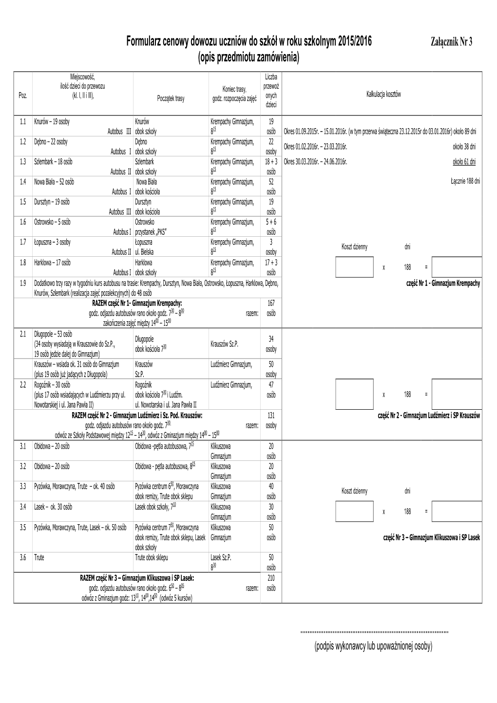 Formularz Cenowy Dowozu 2015 16