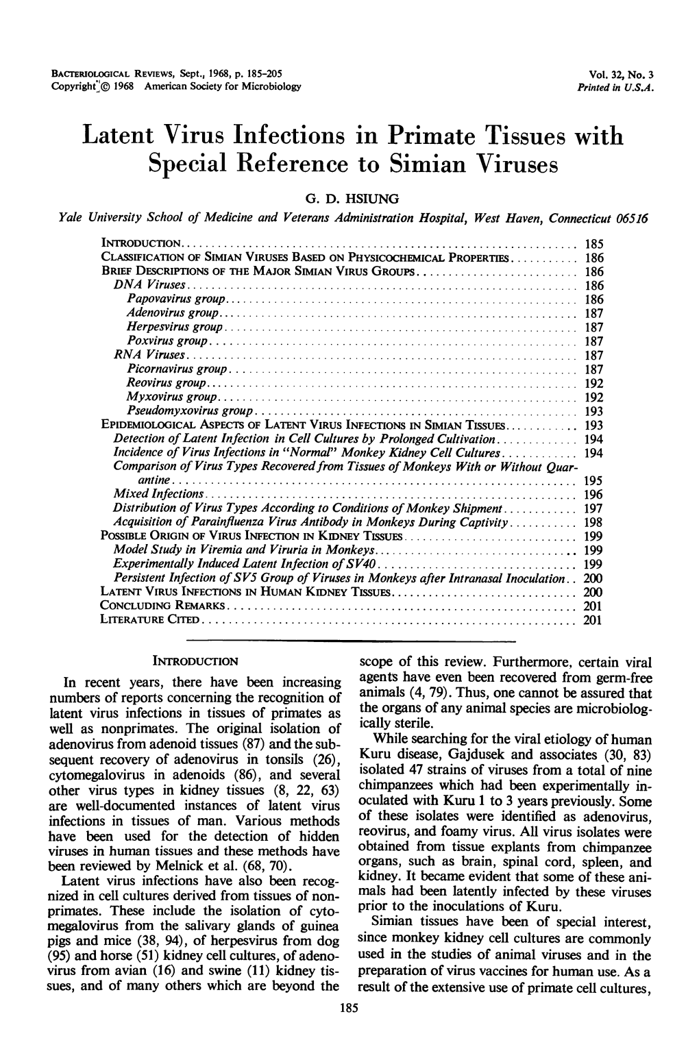 Latent Virus Infections in Primate Tissues with Special Reference to Simian Viruses G