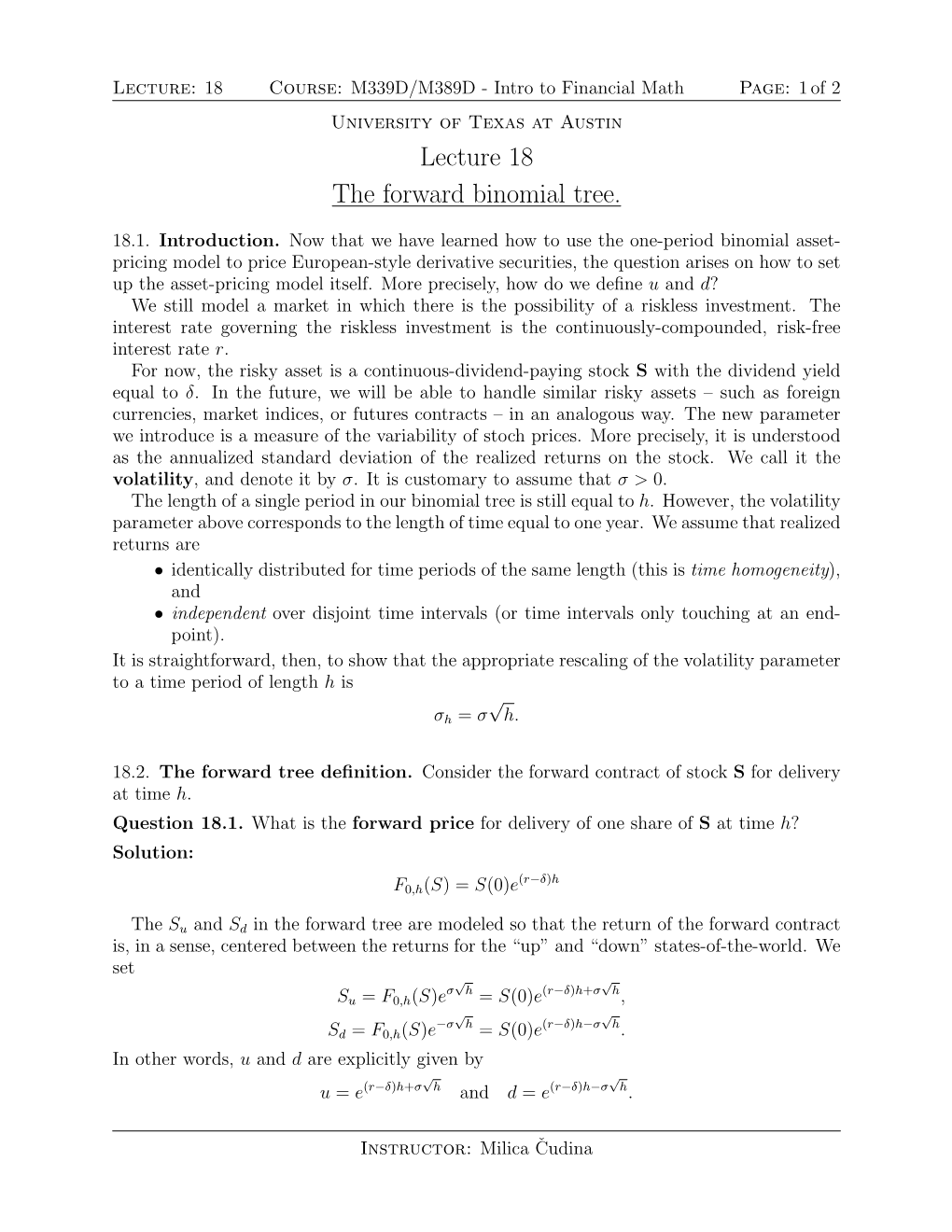 Lecture 18 the Forward Binomial Tree