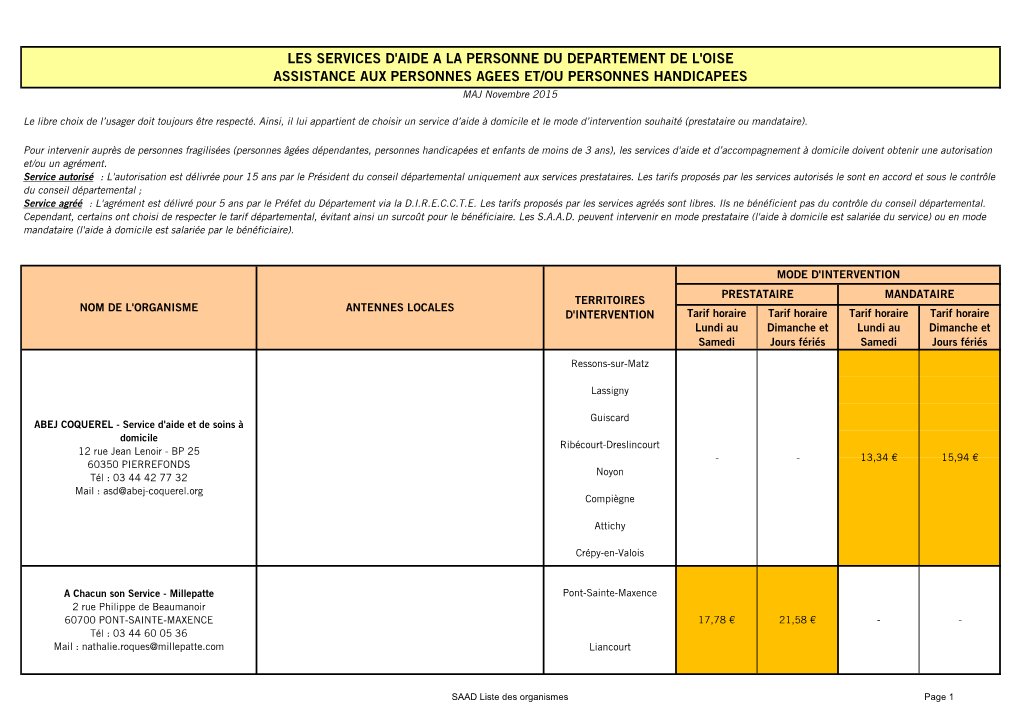 LES SERVICES D'aide a LA PERSONNE DU DEPARTEMENT DE L'oise ASSISTANCE AUX PERSONNES AGEES ET/OU PERSONNES HANDICAPEES MAJ Novembre 2015