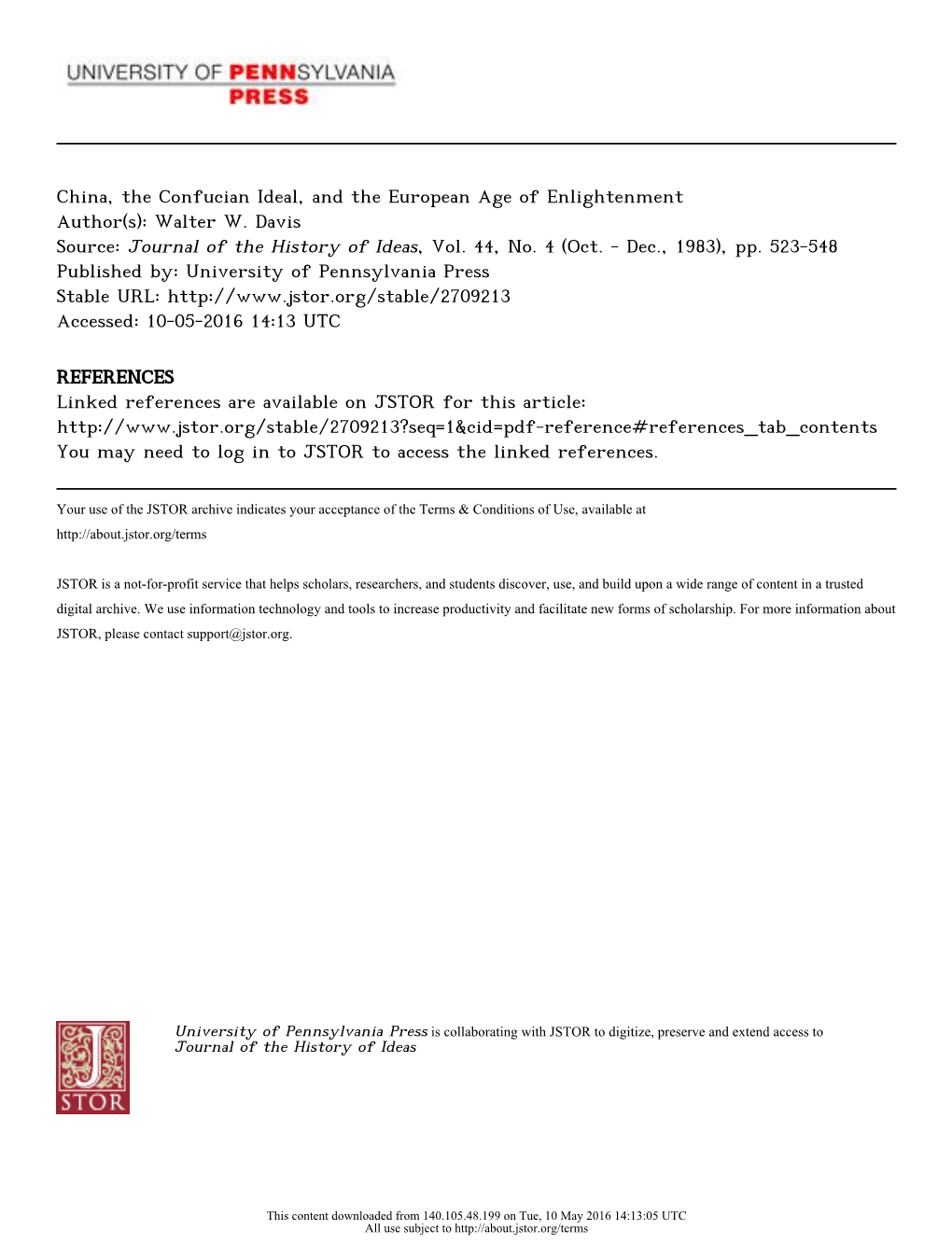 China, the Confucian Ideal, and the European Age of Enlightenment Author(S): Walter W