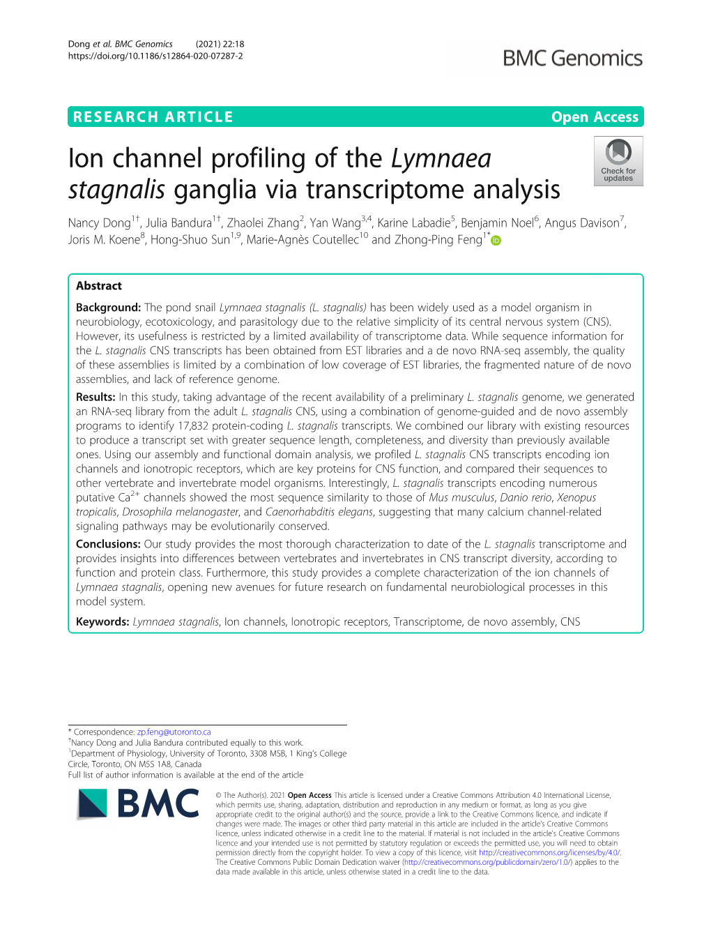 Ion Channel Profiling of the Lymnaea Stagnalis Ganglia Via Transcriptome