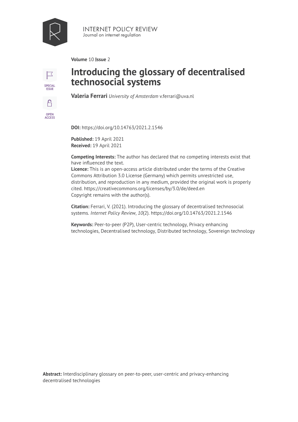 Introducing the Glossary of Decentralised Technosocial Systems