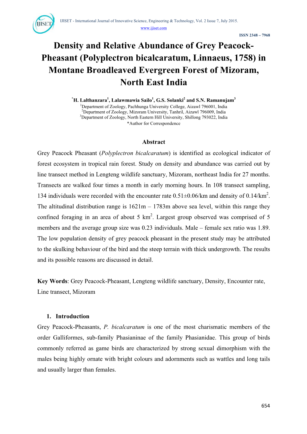 Density and Relative Abundance of Grey Peacock- Pheasant