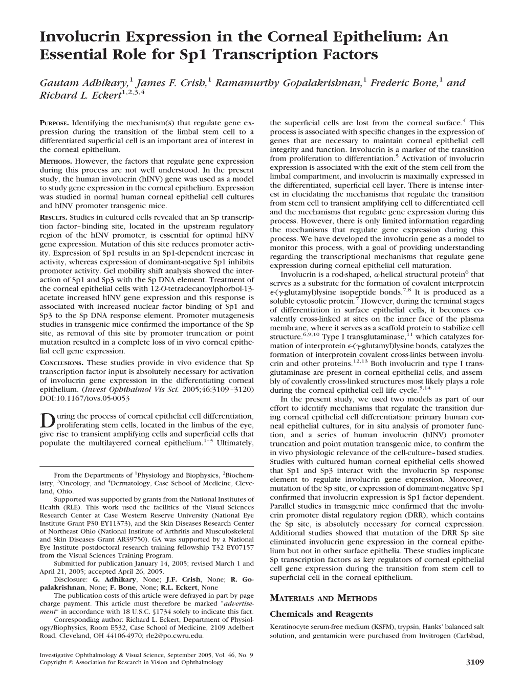 Involucrin Expression in the Corneal Epithelium: an Essential Role for Sp1 Transcription Factors