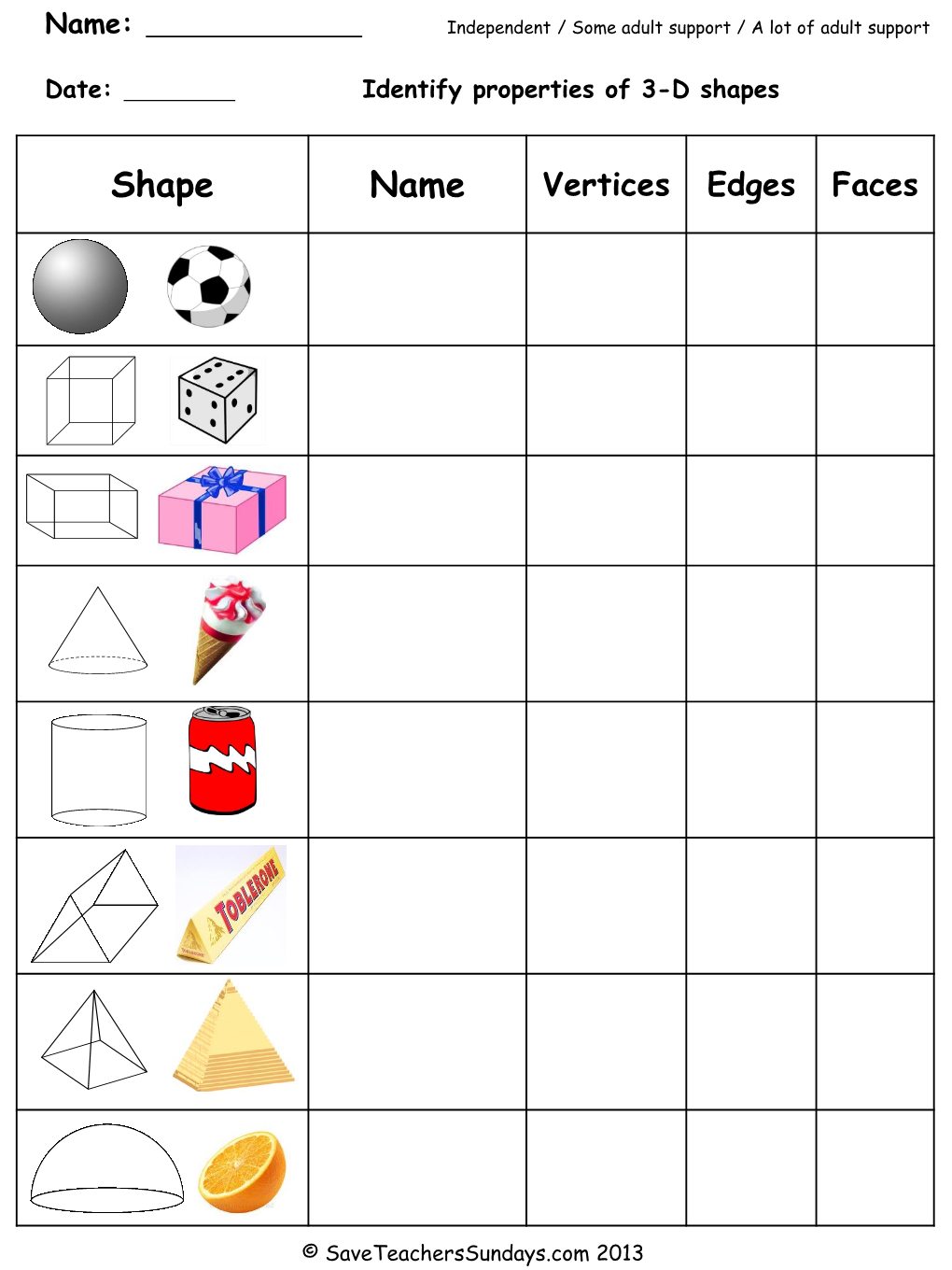 Name: Date: Identify Properties of 3-D Shapes