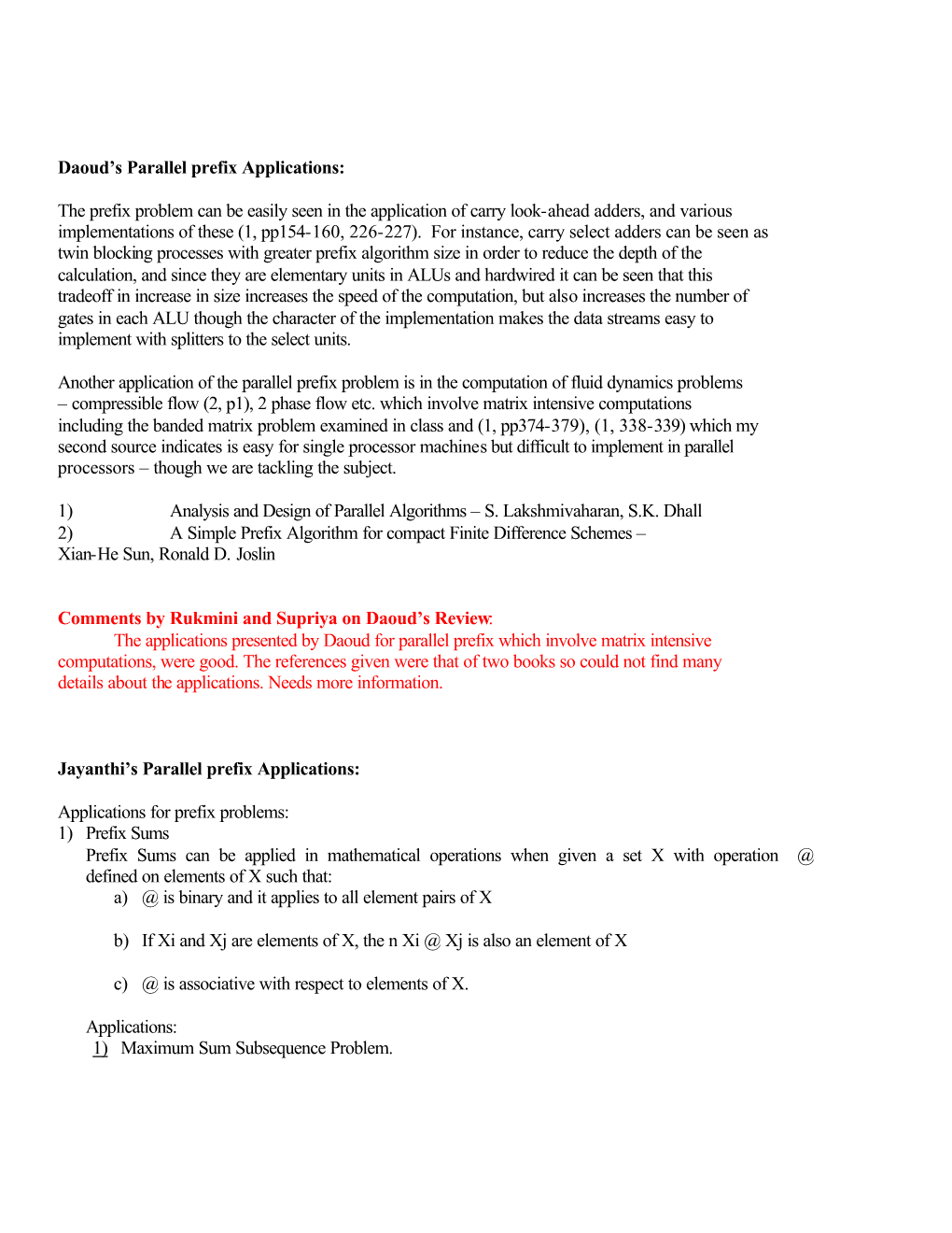 Daoud's Parallel Prefix Applications