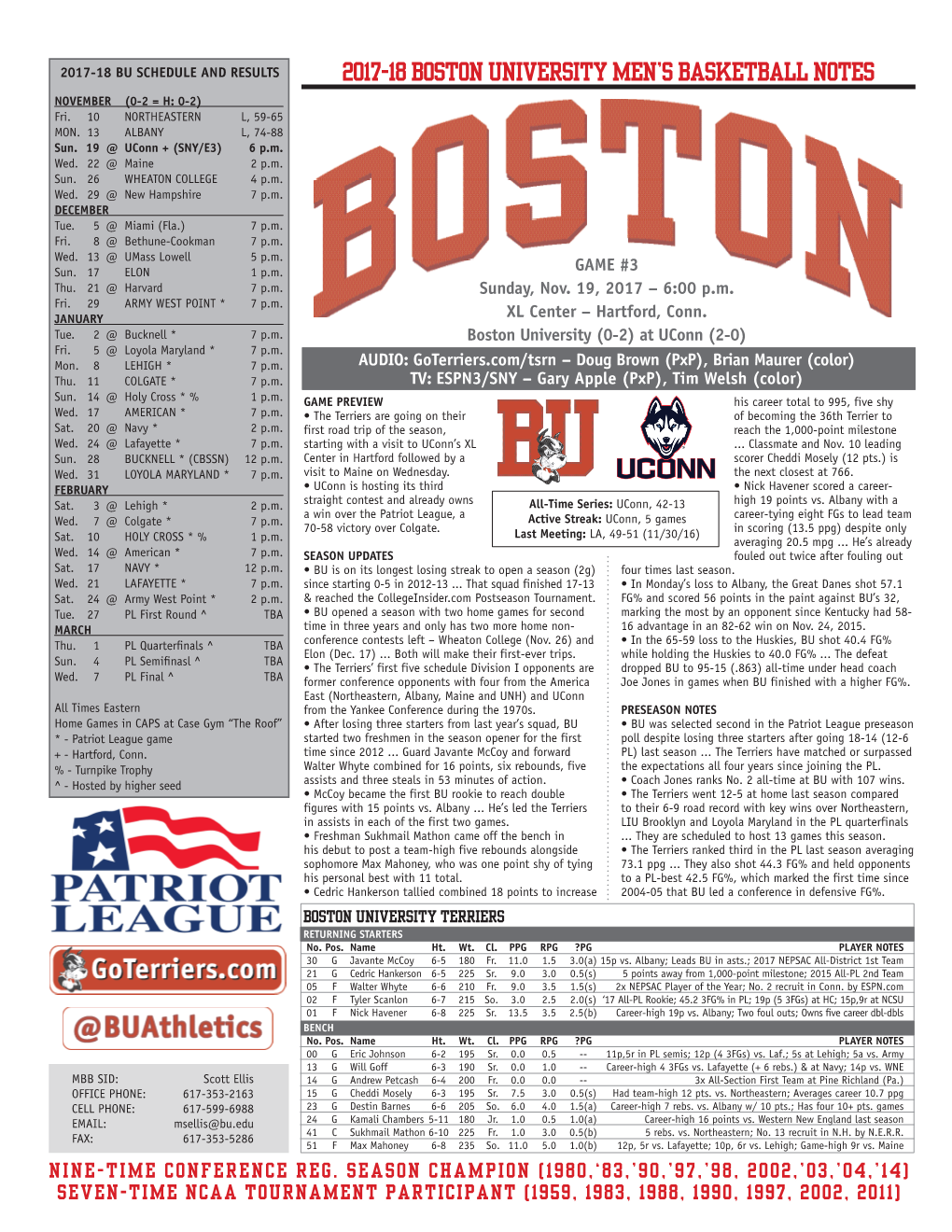 2017-18 Boston University Men's Basketball Notes