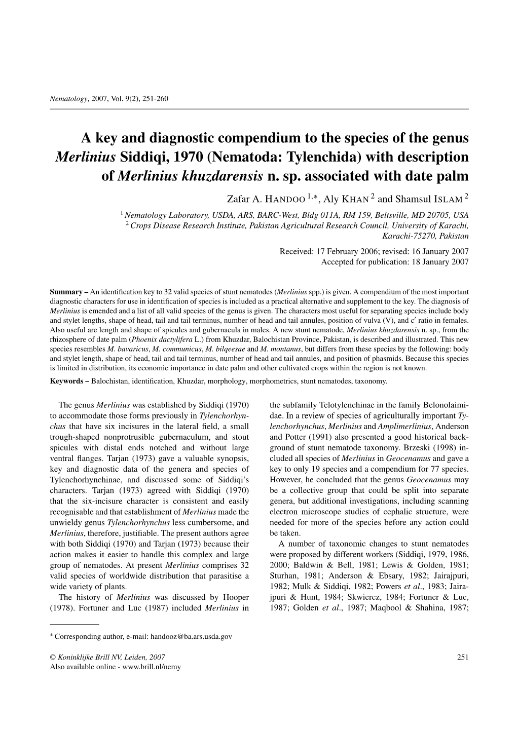 A Key and Diagnostic Compendium to the Species of the Genus Merlinius Siddiqi, 1970 (Nematoda: Tylenchida) with Description of Merlinius Khuzdarensis N