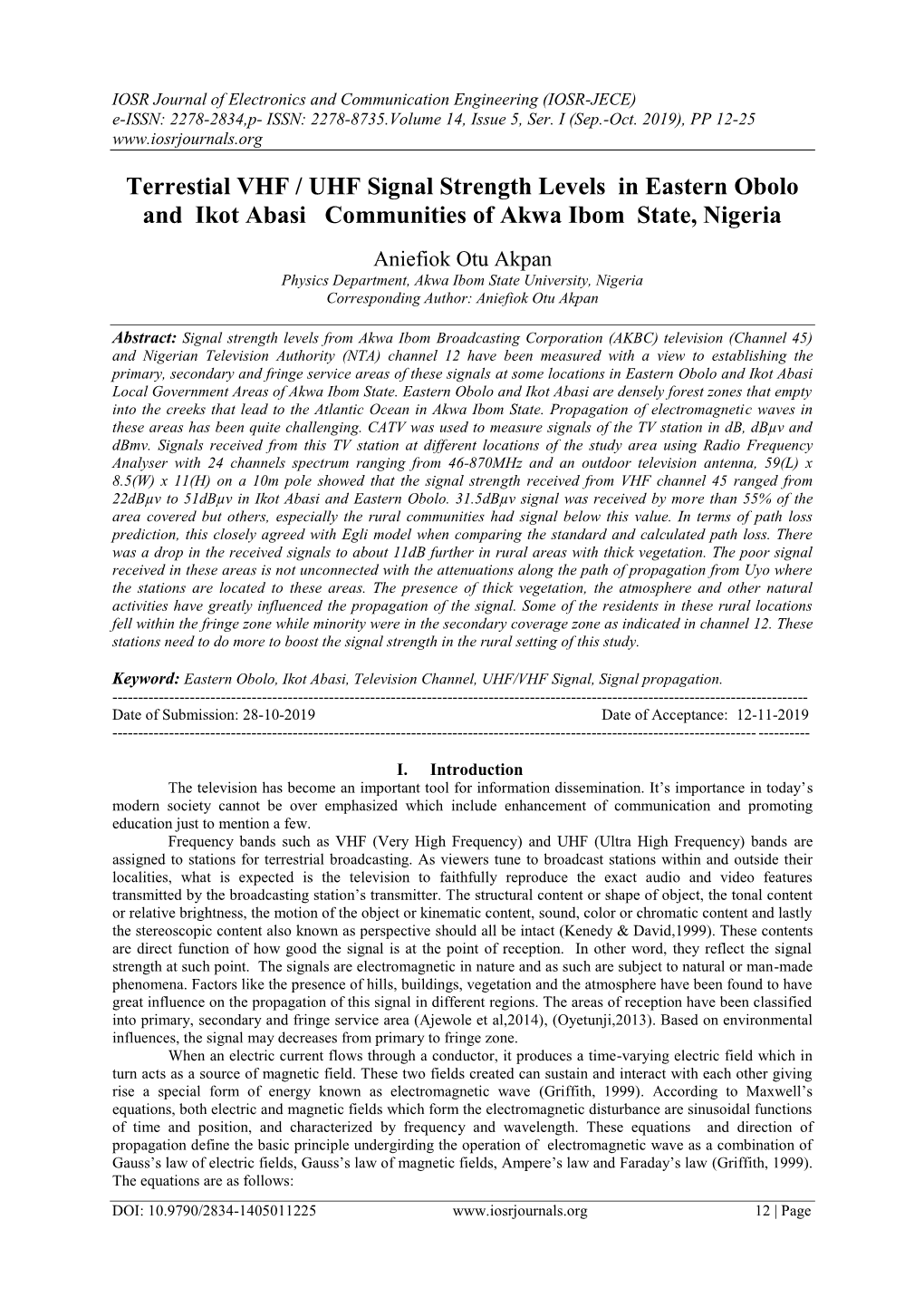 Terrestial VHF / UHF Signal Strength Levels in Eastern Obolo and Ikot Abasi Communities of Akwa Ibom State, Nigeria