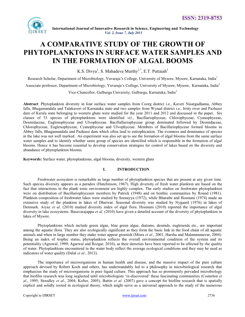 A Comparative Study of the Growth of Phytoplanktons in Surface Water Samples and in the Formation of Algal Booms