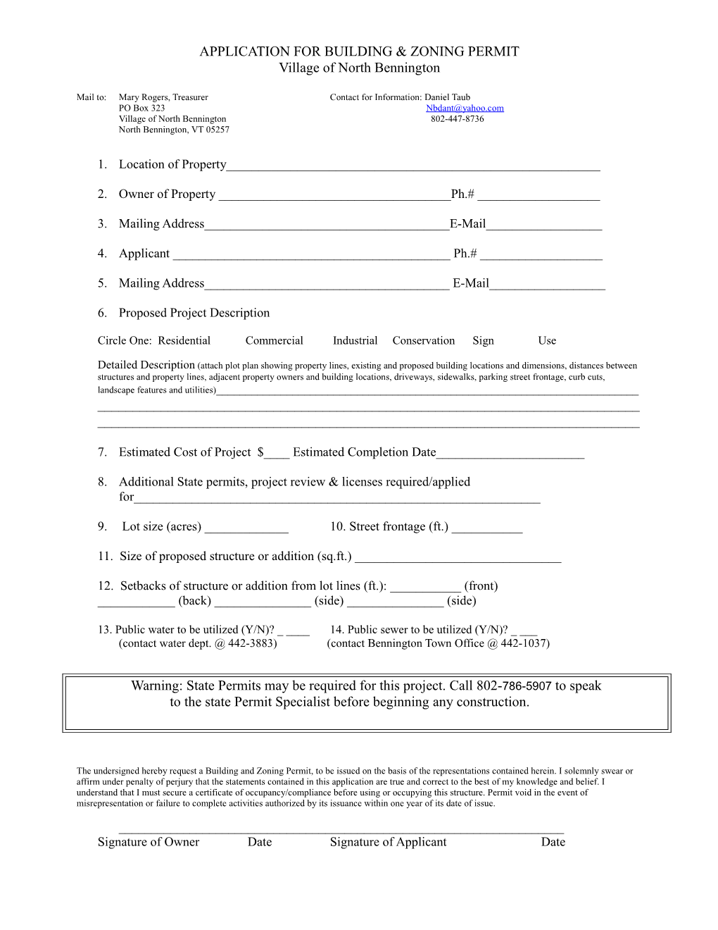 Application For Building & Zoning Permit