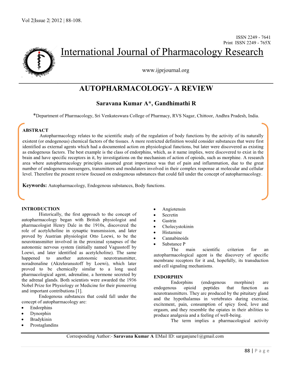 International Journal of Pharmacology Research