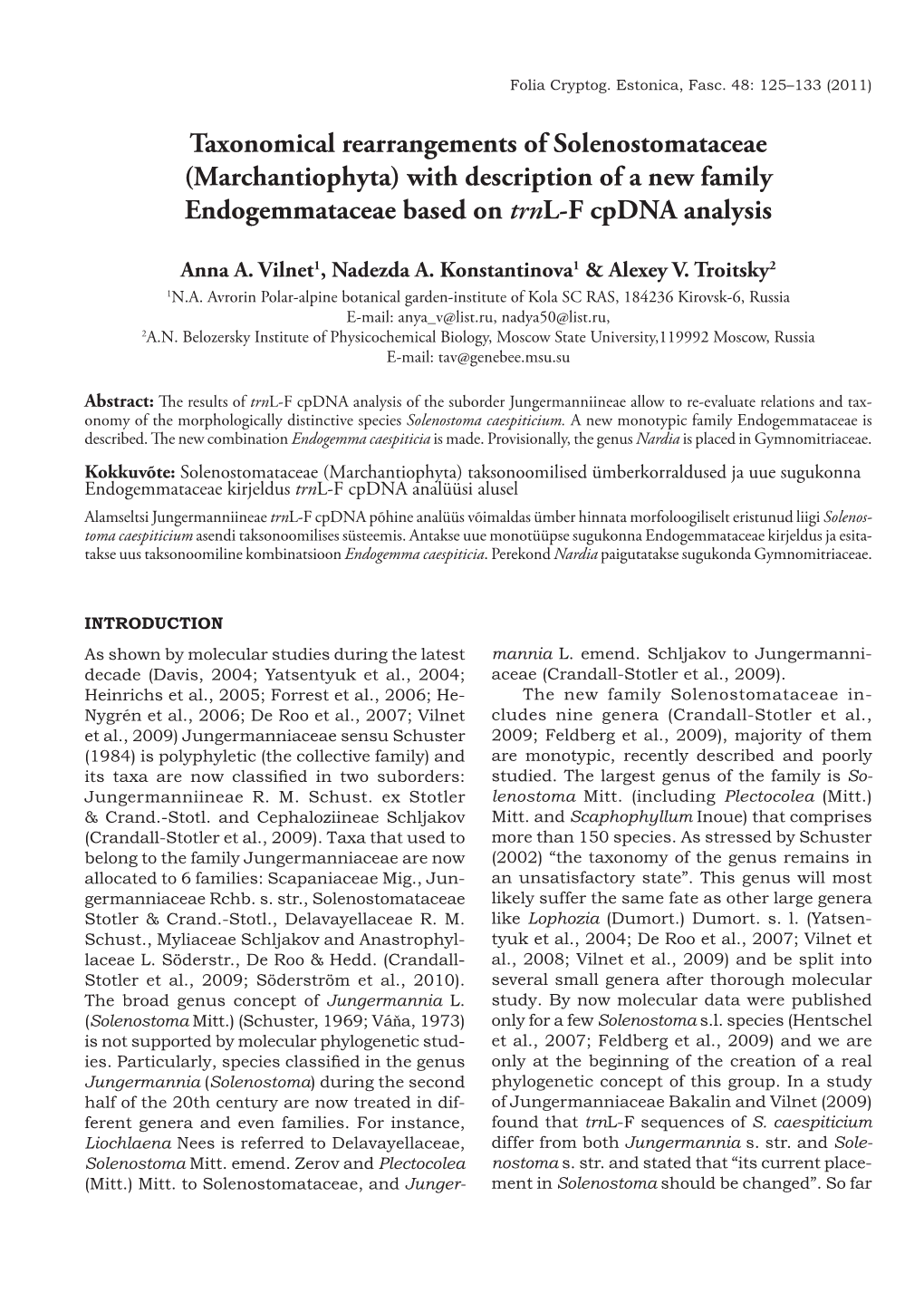 Taxonomical Rearrangements of Solenostomataceae (Marchantiophyta) with Description of a New Family Endogemmataceae Based on Trnl-F Cpdna Analysis