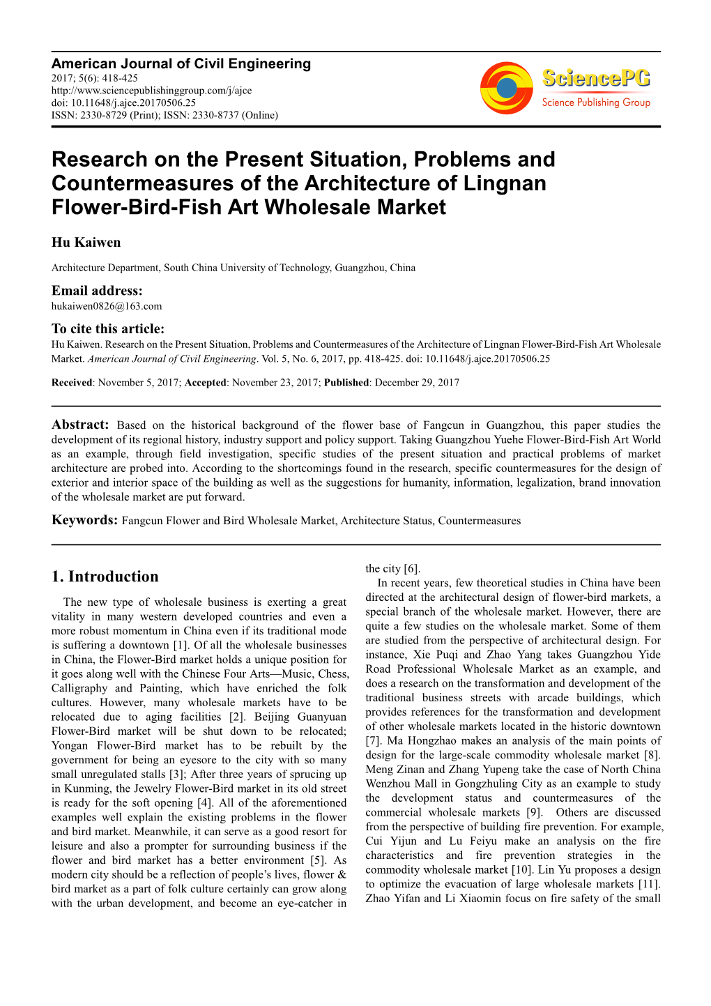 Research on the Present Situation, Problems and Countermeasures of the Architecture of Lingnan Flower-Bird-Fish Art Wholesale Market