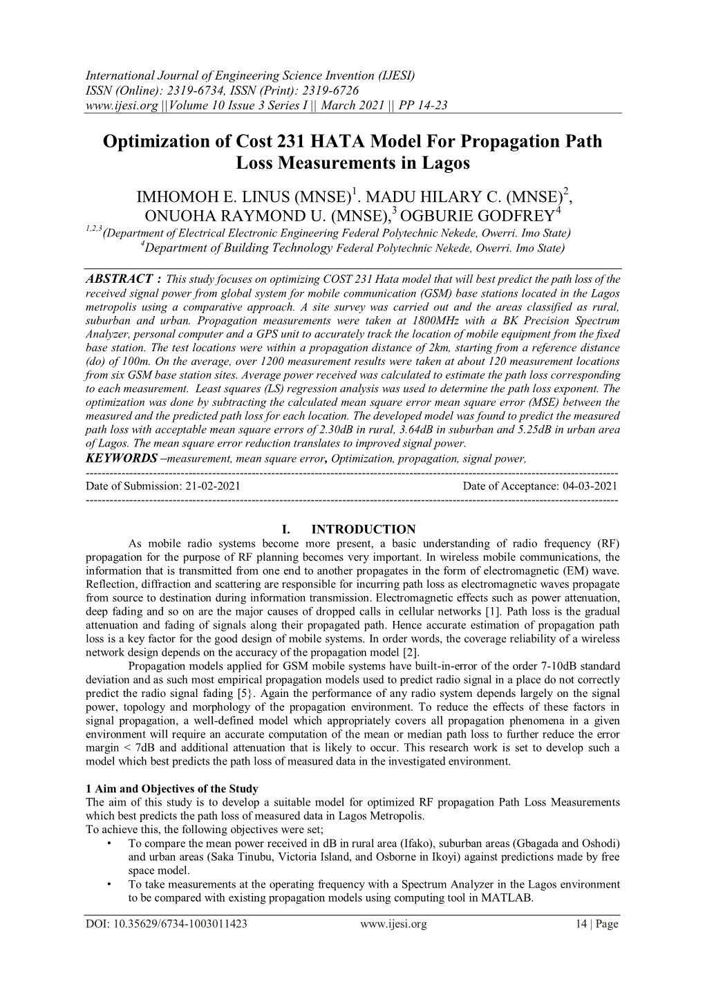 Optimization of Cost 231 HATA Model for Propagation Path Loss Measurements in Lagos