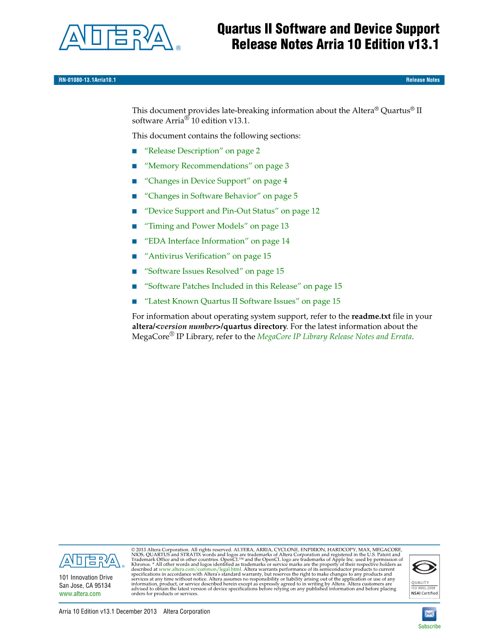 Quartus II Software and Device Support Release Notes Arria 10 Edition V13.1