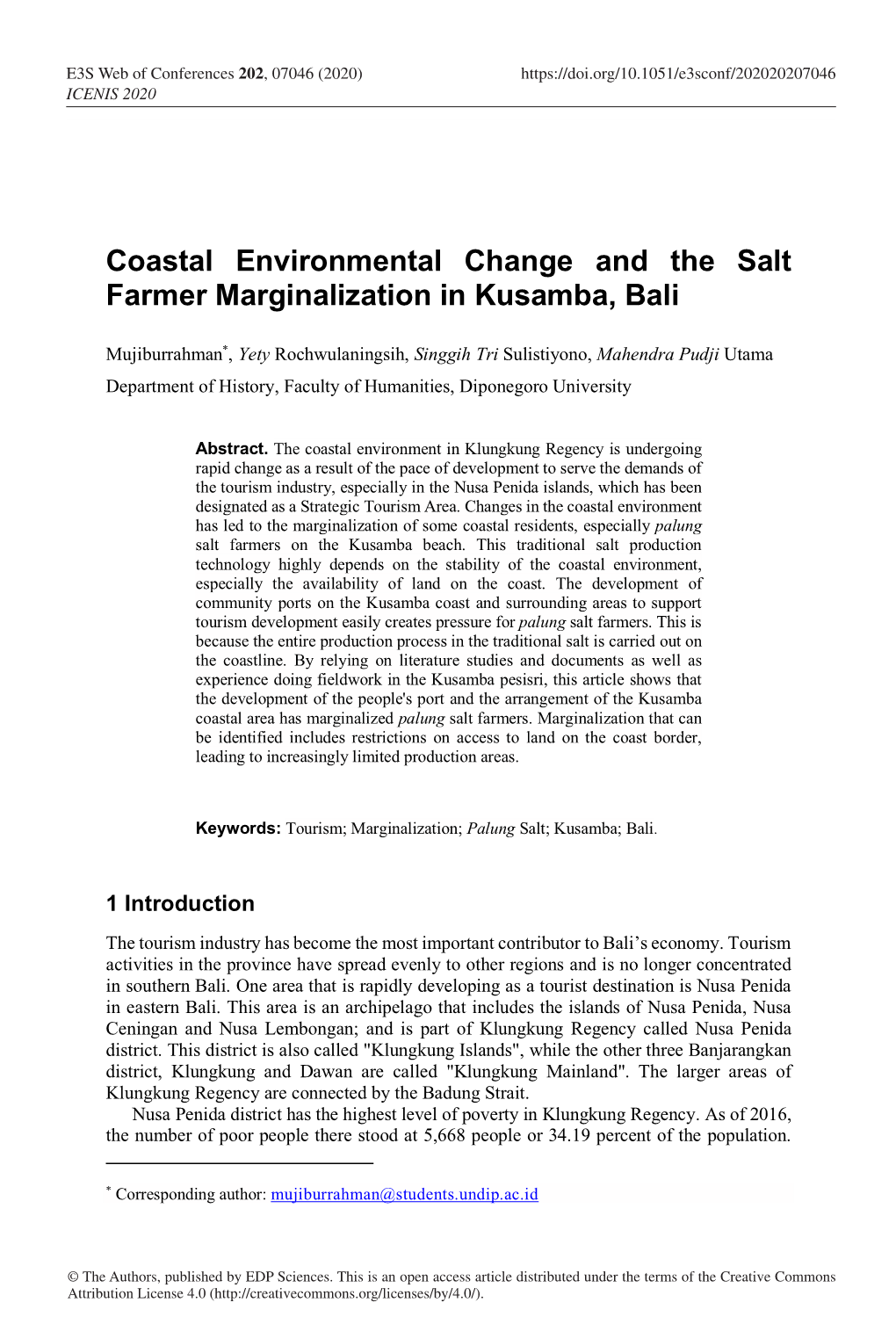 Coastal Environmental Change and the Salt Farmer Marginalization in Kusamba, Bali