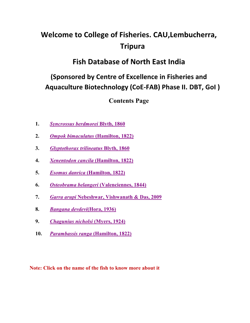 Fish Database NE India