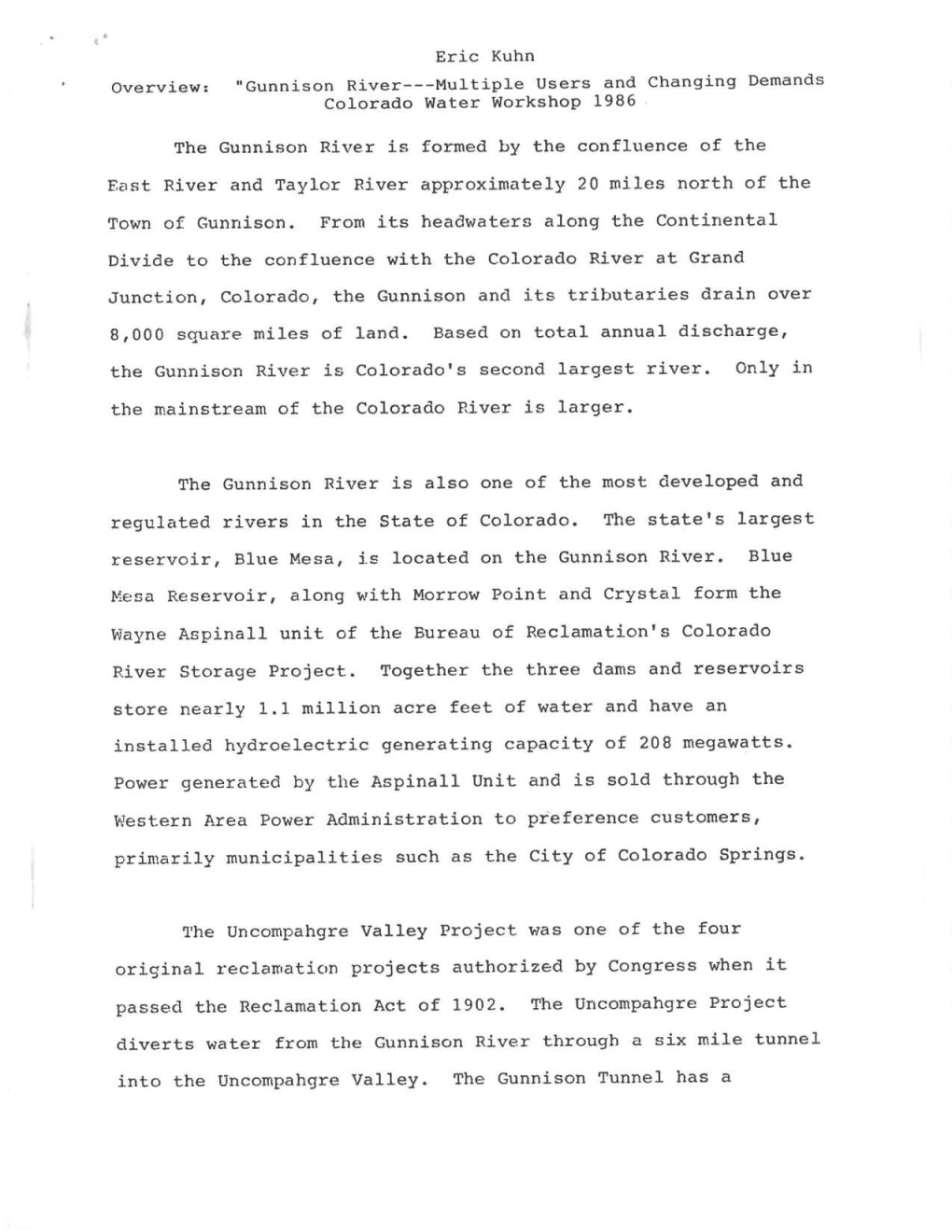 Gunnison River---Multiple Users and Changing Demands Colorado Water Workshop 1986