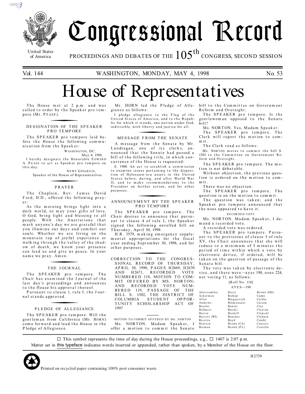 Congressional Record United States Th of America PROCEEDINGS and DEBATES of the 105 CONGRESS, SECOND SESSION