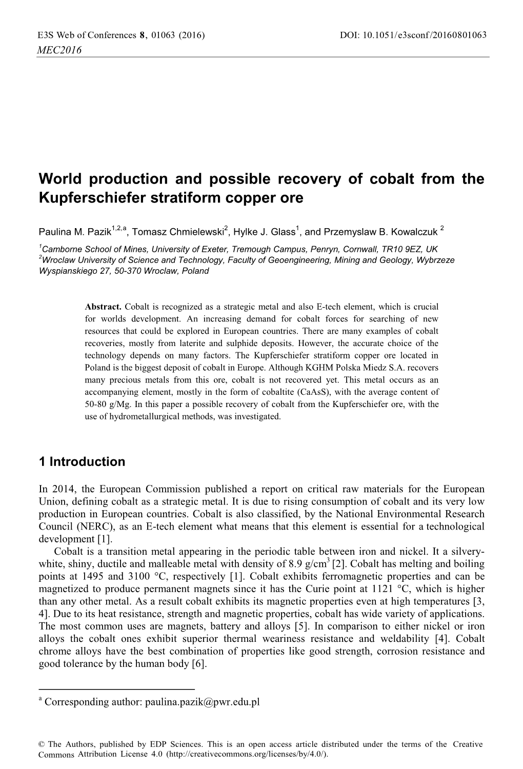 World Production and Possible Recovery of Cobalt from the Kupferschiefer Stratiform Copper Ore