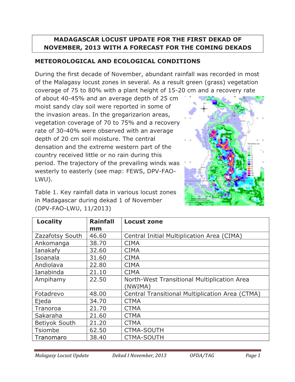 Madagascar Locust Update for the First Dekad of November, 2013 with a Forecast for the Coming Dekads