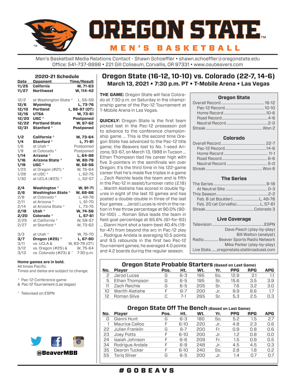 Oregon State (16-12, 10-10) Vs