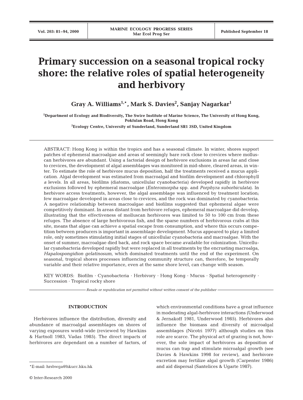 Primary Succession on a Seasonal Tropical Rocky Shore: the Relative Roles of Spatial Heterogeneity and Herbivory