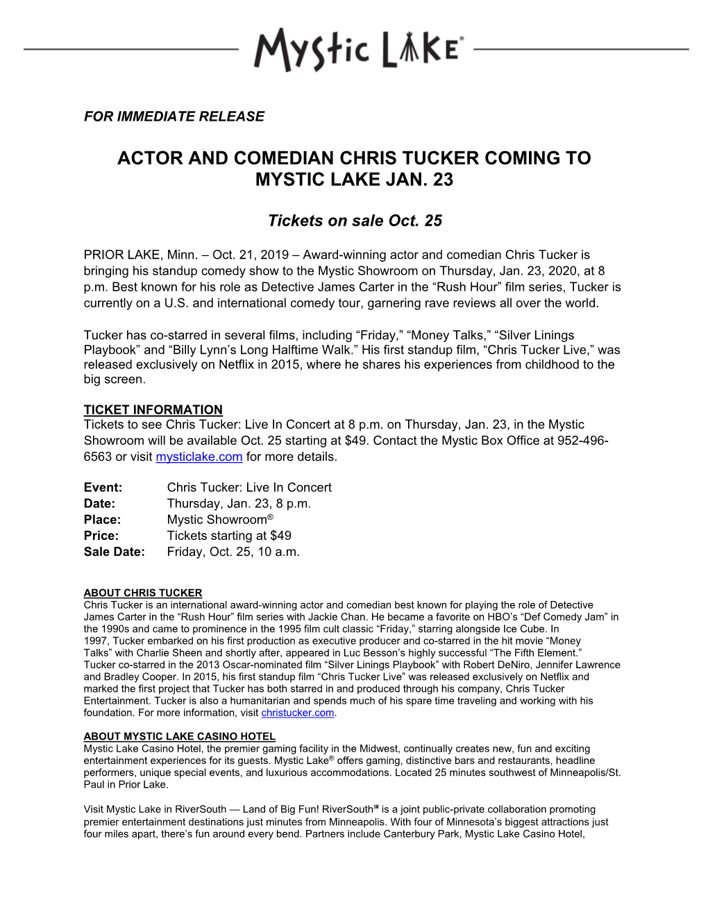 Actor and Comedian Chris Tucker Coming to Mystic Lake Jan