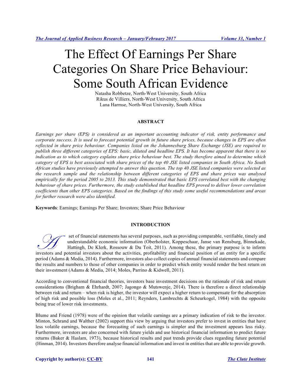 The Effect of Earnings Per Share Categories on Share Price Behaviour: Some South African Evidence