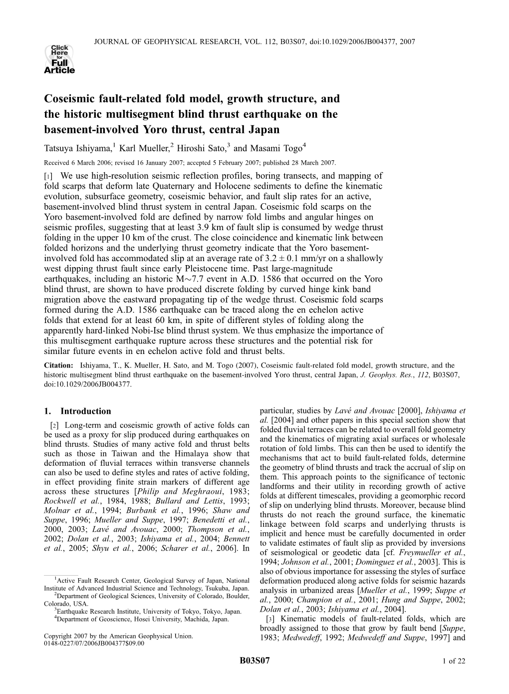 Coseismic Fault-Related Fold Model, Growth Structure, and the Historic