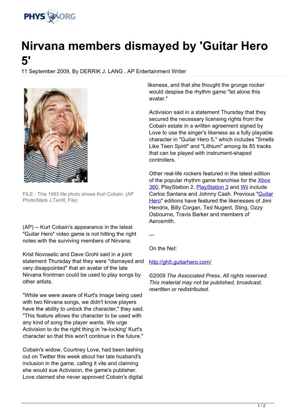 Nirvana Members Dismayed by 'Guitar Hero 5' 11 September 2009, by DERRIK J