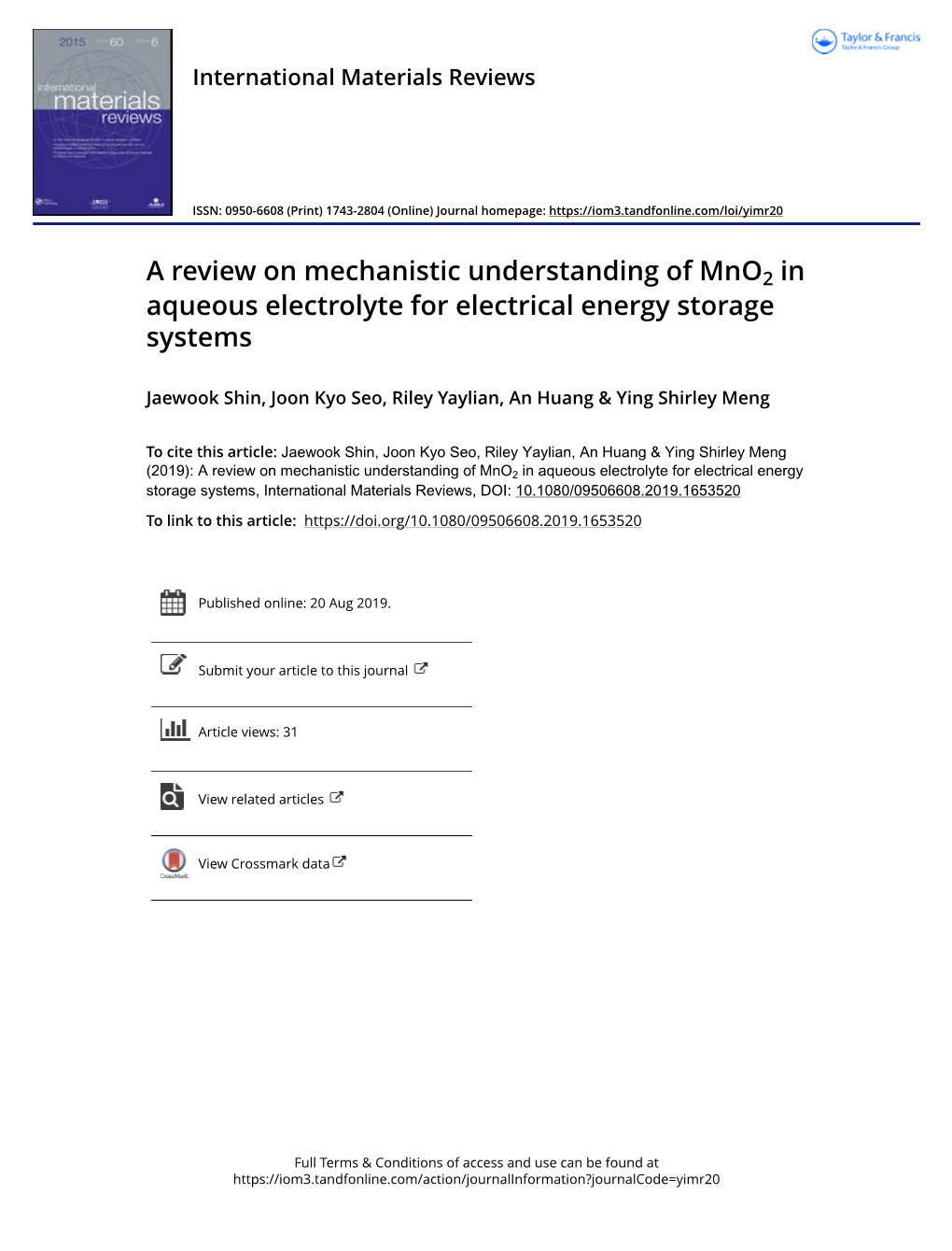 A Review on Mechanistic Understanding of Mno2 in Aqueous Electrolyte for Electrical Energy Storage Systems