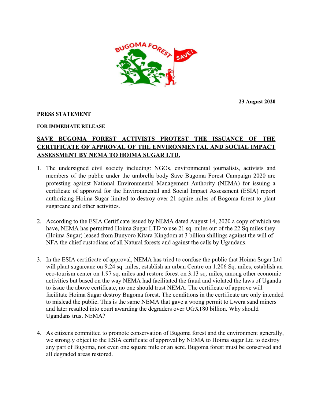 Press Statement: Save Bugoma Forest Activists Protest the Issuance of The