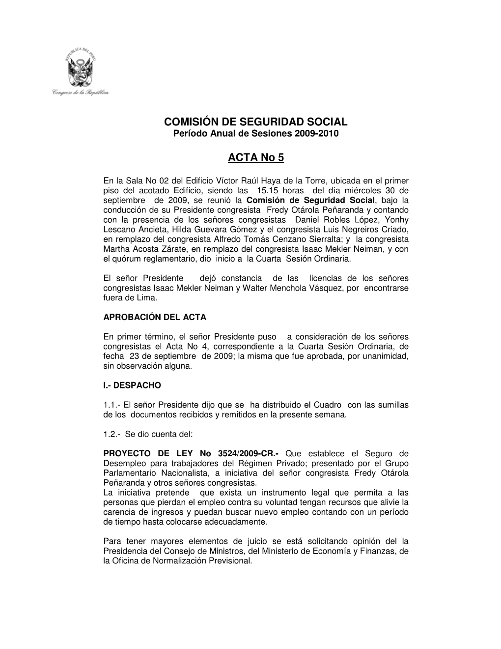 COMISIÓN DE SEGURIDAD SOCIAL ACTA No 5