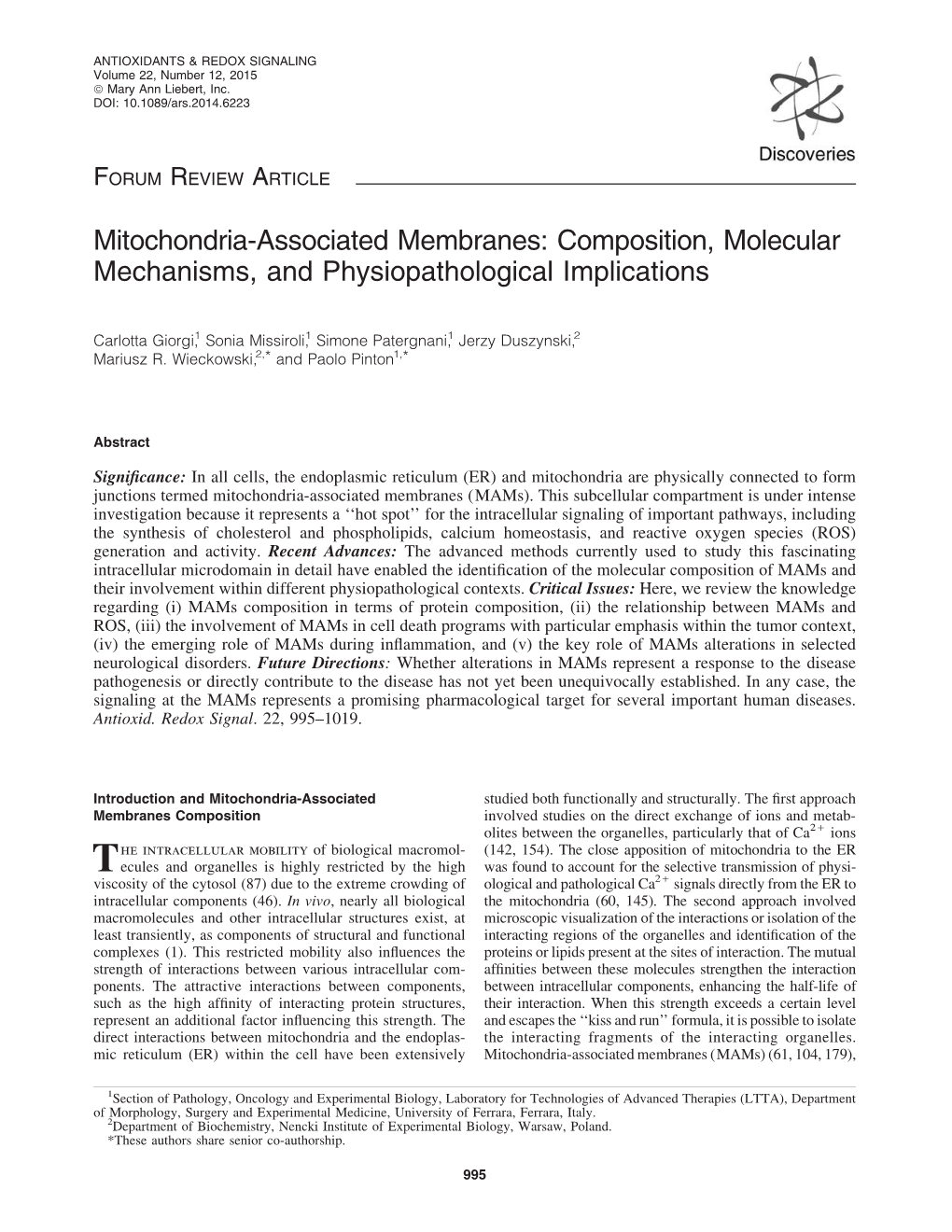 Mitochondria-Associated Membranes: Composition, Molecular Mechanisms, and Physiopathological Implications