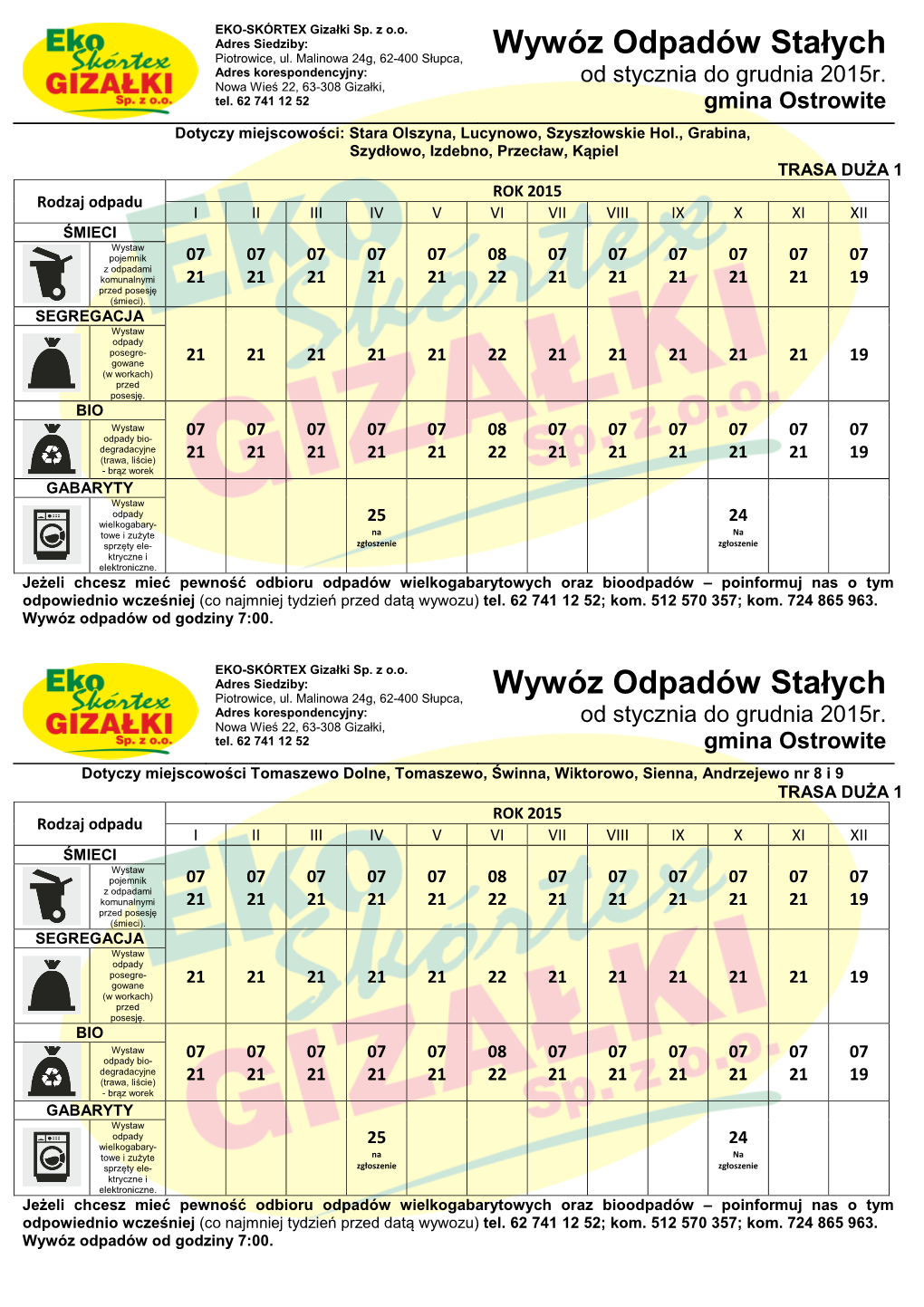 Wywóz Odpadów Stałych Adres Korespondencyjny: Od Stycznia Do Grudnia 2015R