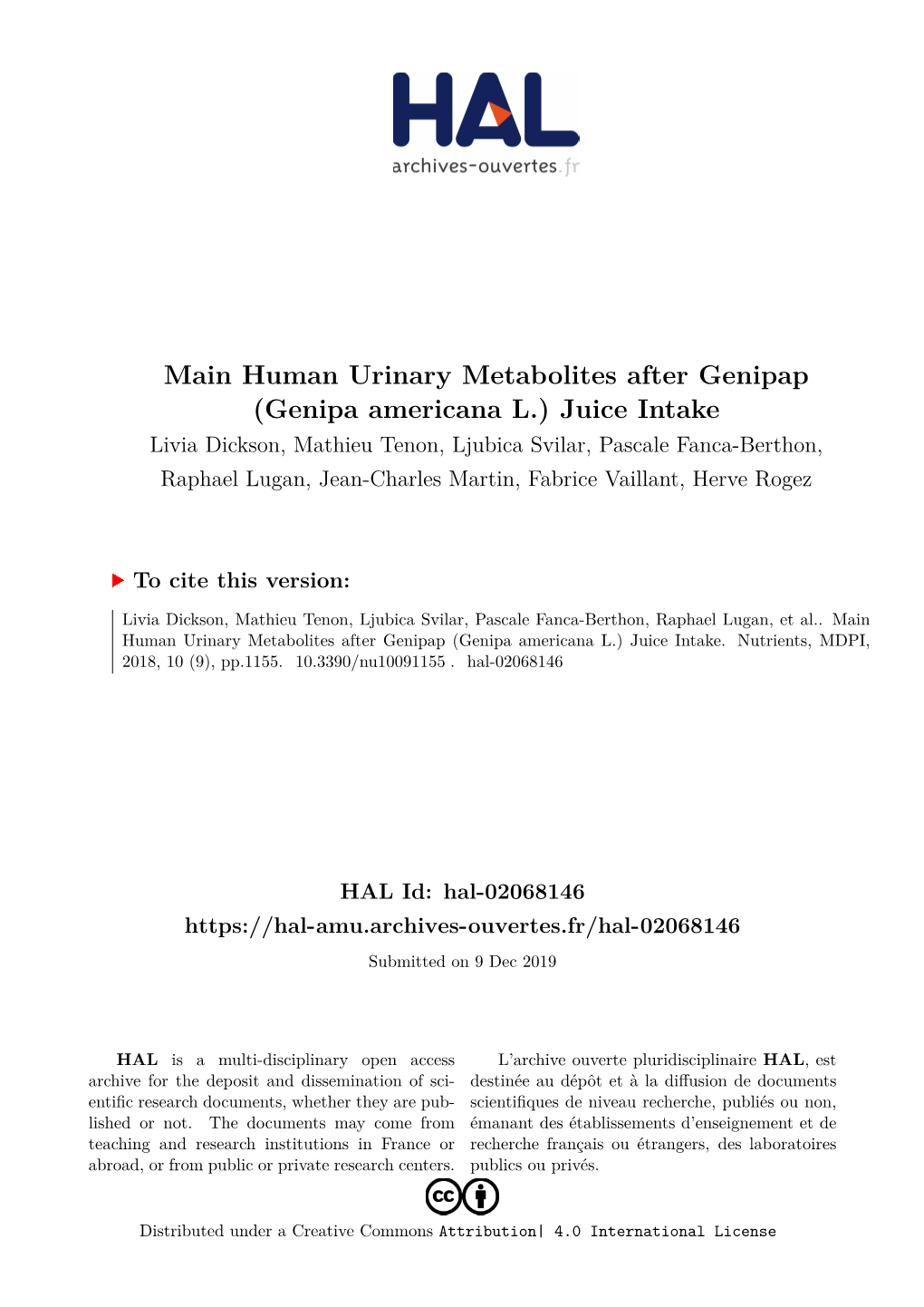 Human Urinary Metabolites After Genipap (Genipa