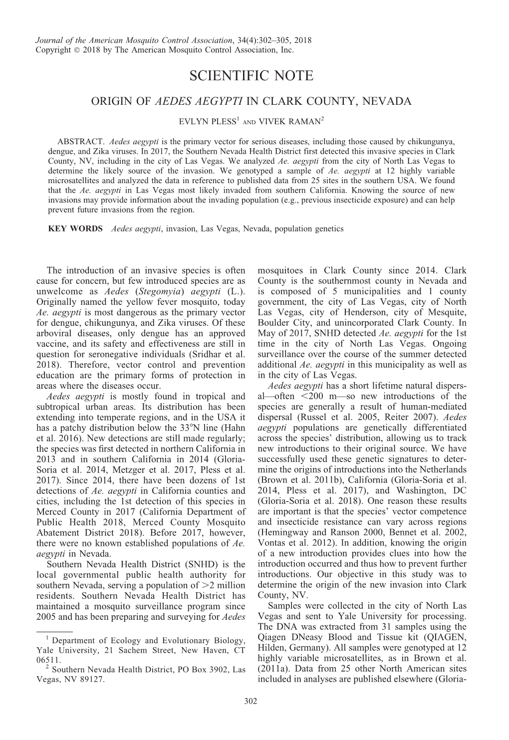 Origin of Aedes Aegypti in Clark County, Nevada