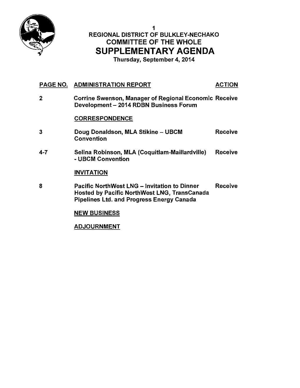 SUPPLEMENTARY AGENDA Thursday, September 4, 2014